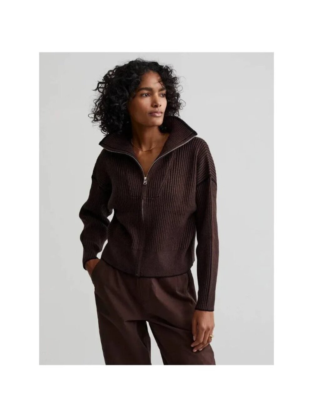 Varley Carmen Knit Ribbed Long Sleeve Zip Up Crop Sweater Brown Women's Medium